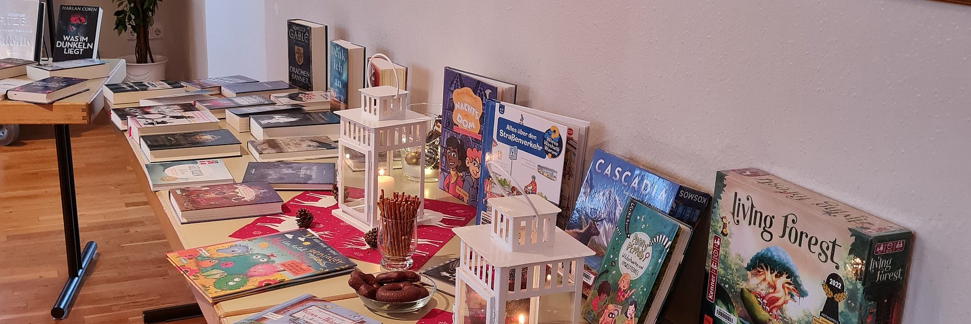 Die neuen Bücher und Spiele, die von Buchpaten gesponsert wurden schön aufgereiht